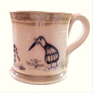 Handmade Vintage Pottery Coffee Mug Tea Cup Tan Blue Sketched Shore Birds